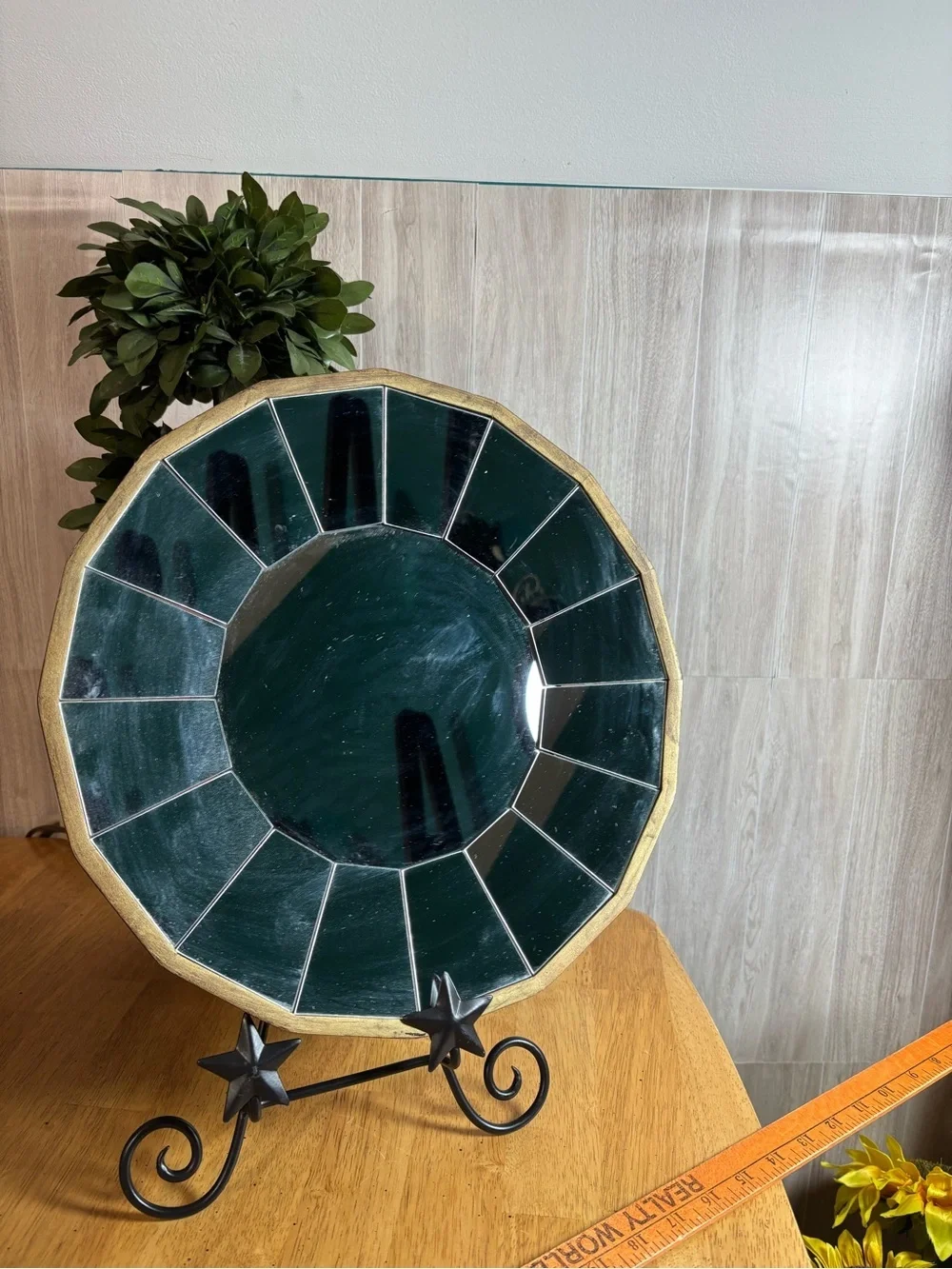 Modern Segmented Round Wall Mirror with Elegant Gold and Brown Tone Frame